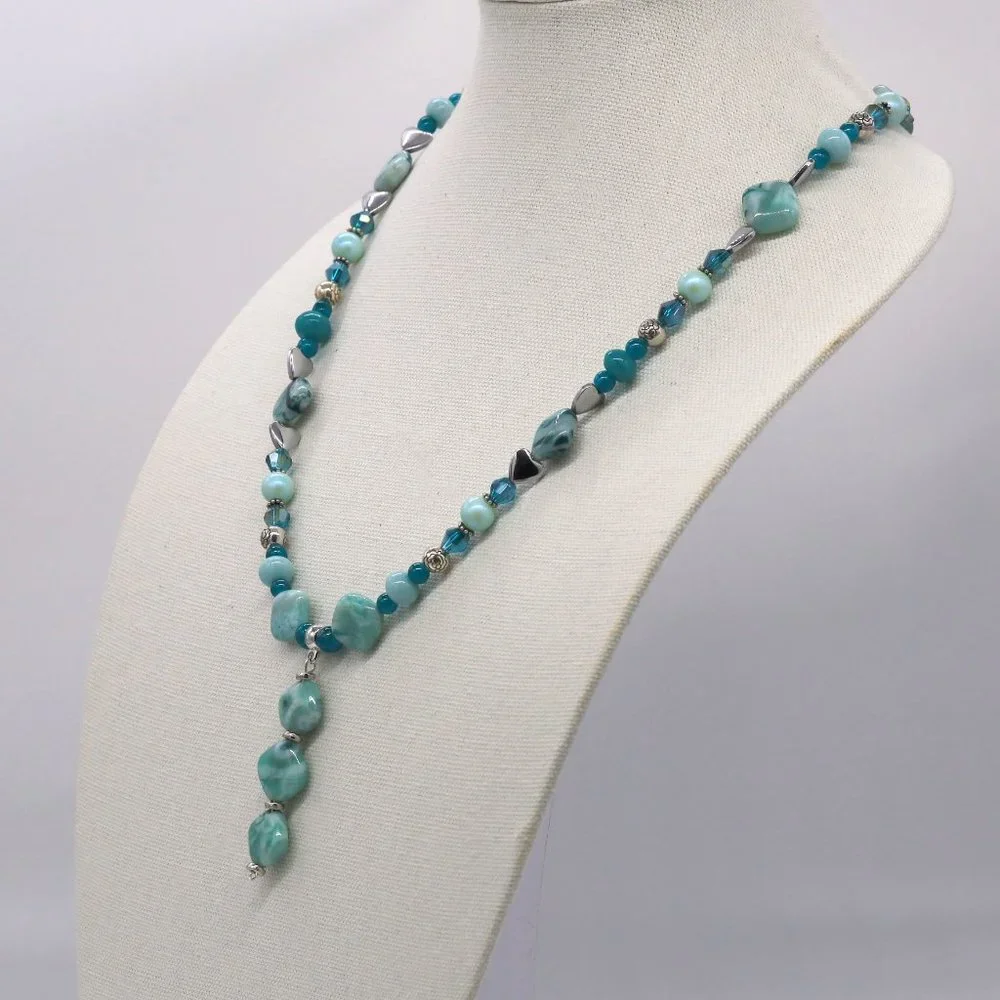 Aqua green Jasmin theme necklace with large silver lobster class. - Picture 3 of 7